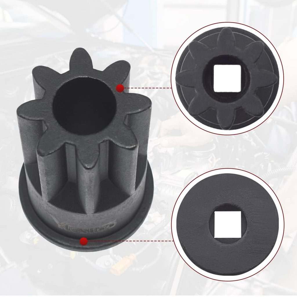 Engine barring socket top and bottom view, dark metal finish, square drive opening