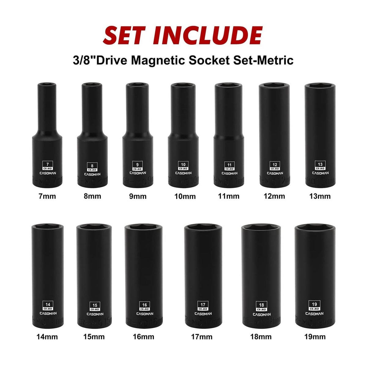 Metric deep impact socket set with labeled sizes 7–19 mm, 3/8 in drive