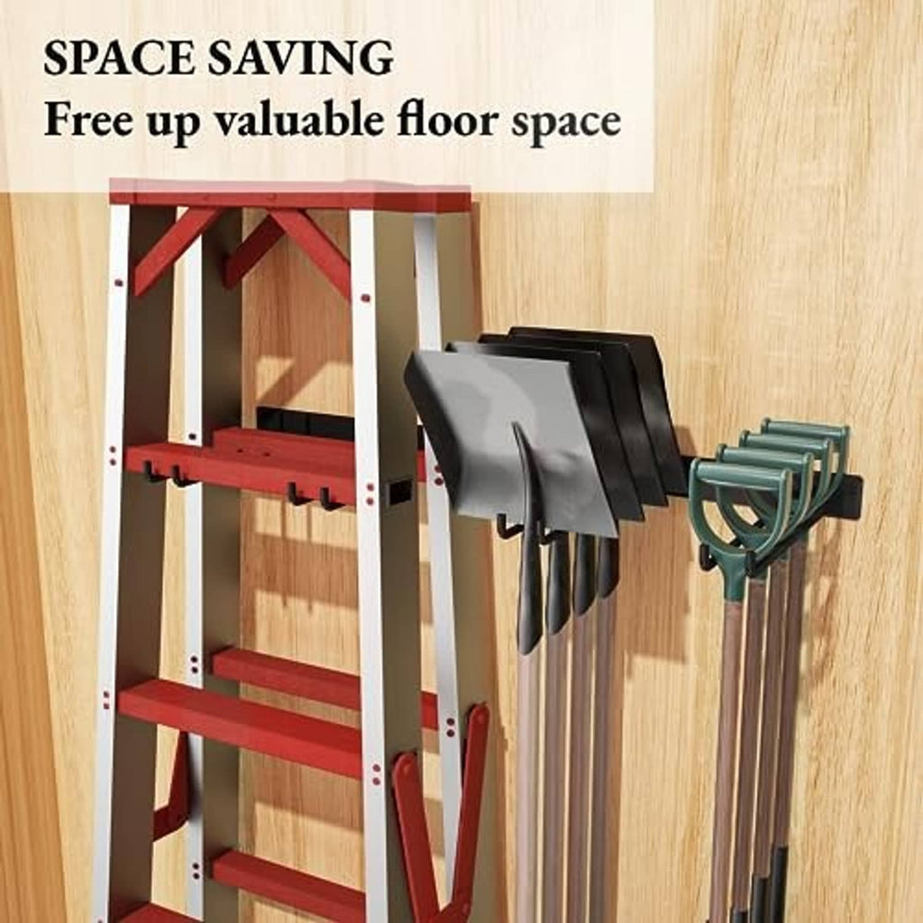 Wall-mounted folding chair storage rack on wood panel with black hooks holding chairs