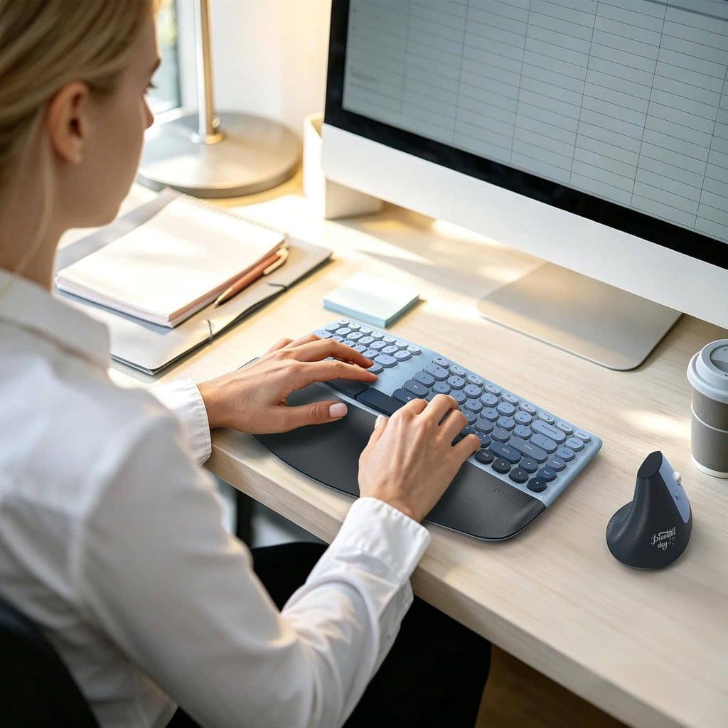 Person typing on a blue split ergonomic keyboard with dark wrist rest