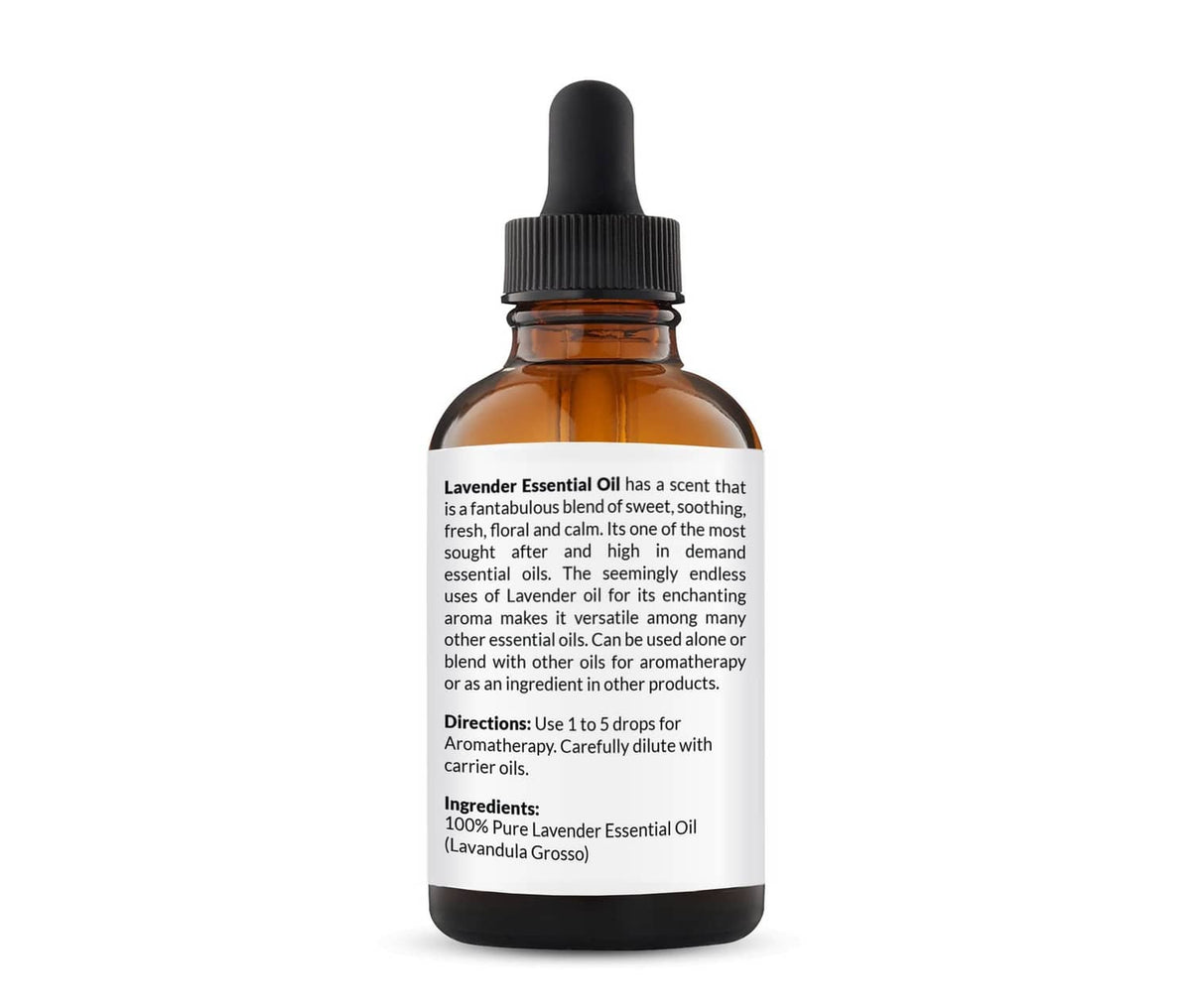 Amber lavender essential oil bottle with ingredient and directions text label