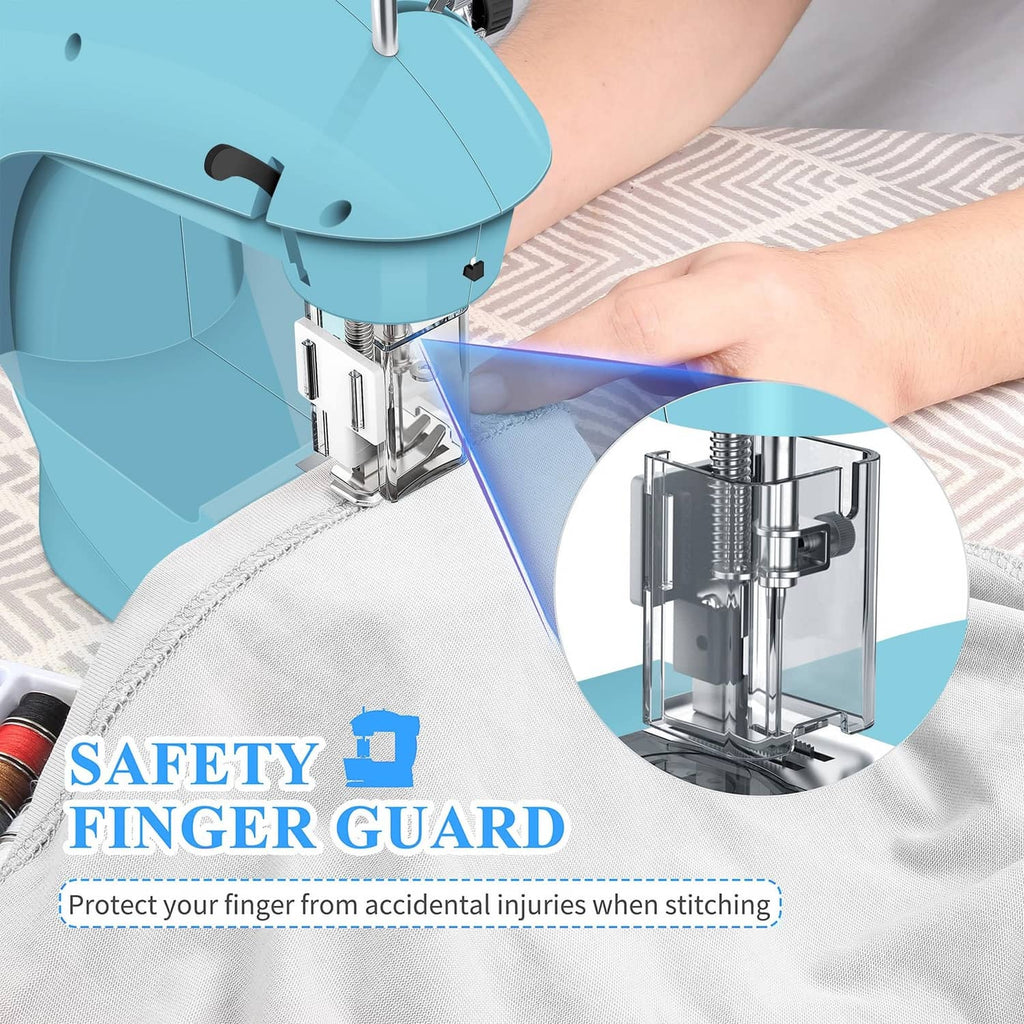 Light blue sewing machine with needle area and clear safety finger guard