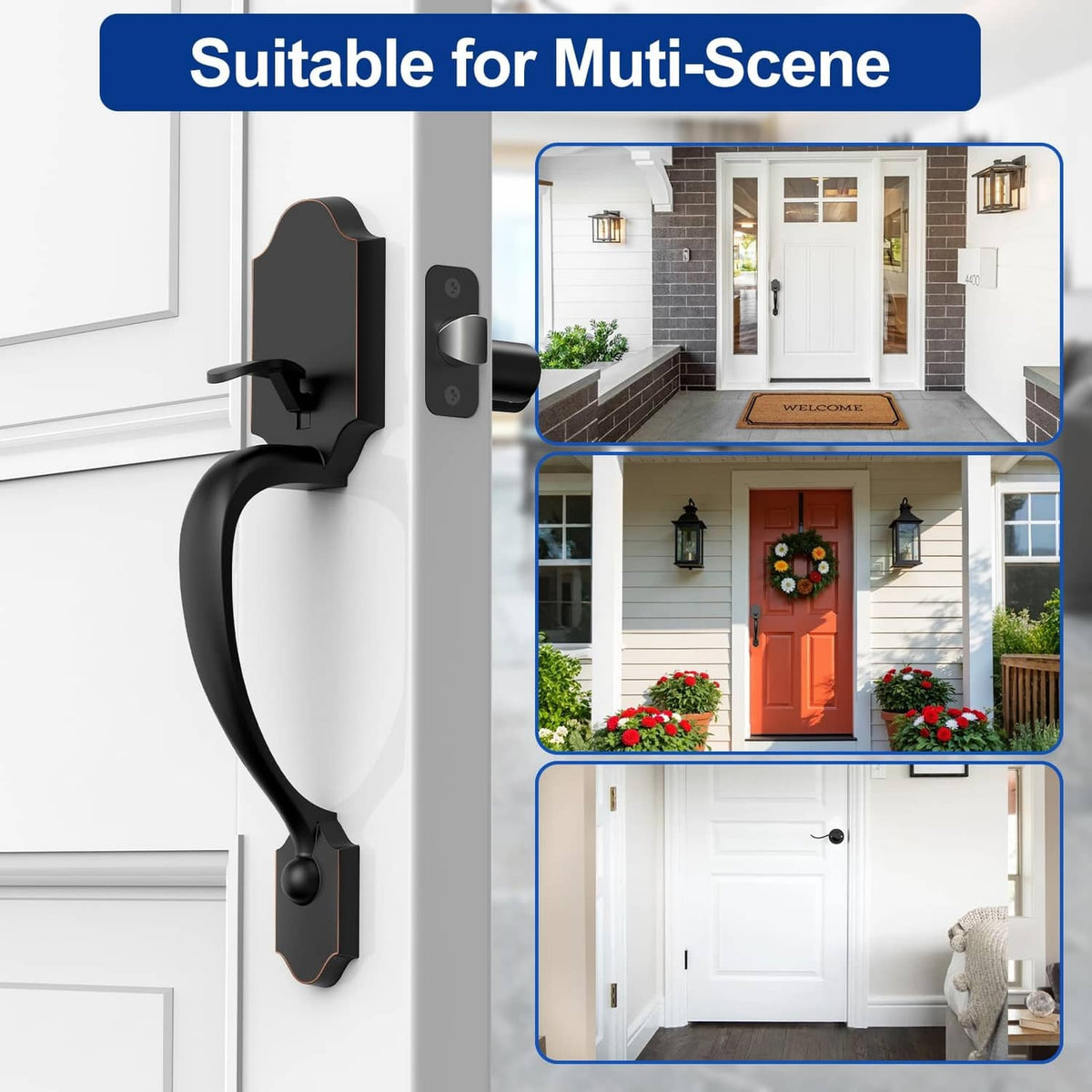 Oil-rubbed bronze front door handle without lock, curved lever mounted on exterior door