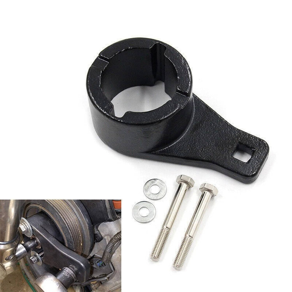 Black crankshaft holding yoke tool with square side opening and included screws