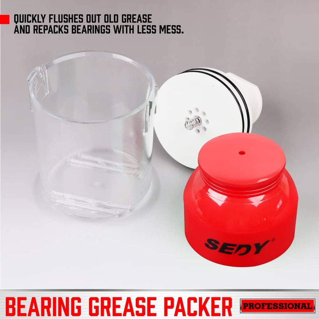 Bearing grease packer components: clear cup, white tool, and red grease jar
