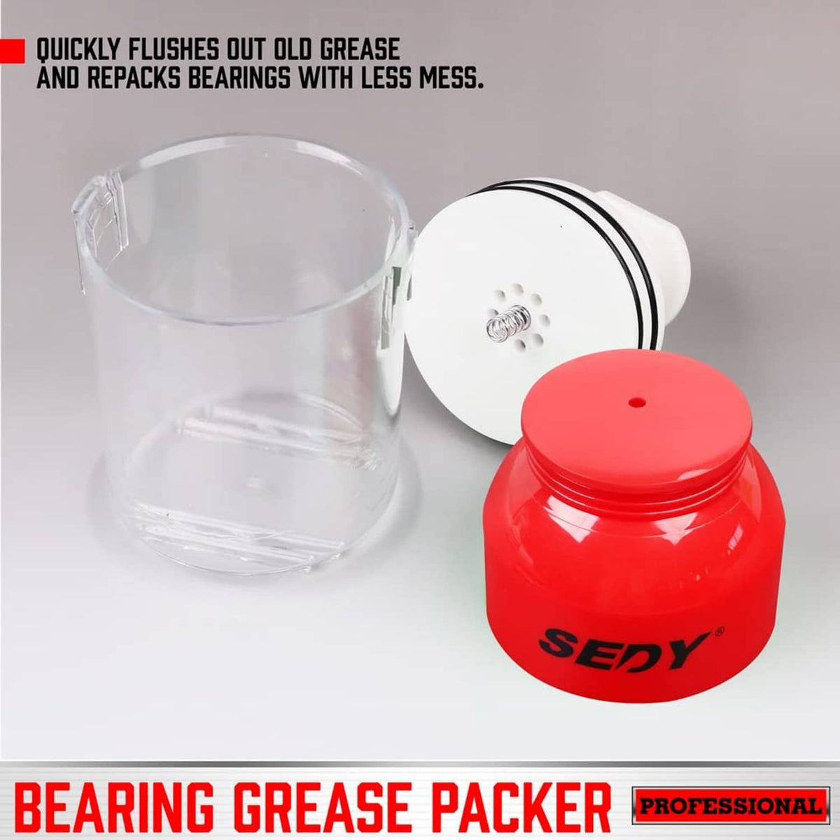 Bearing grease packer components: clear cup, white tool, and red grease jar