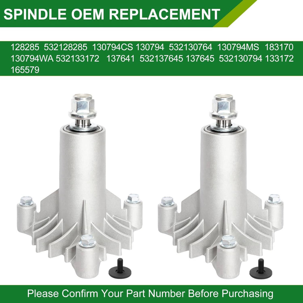 Mower spindle assembly set of 2, silver spindles with black mounting feet