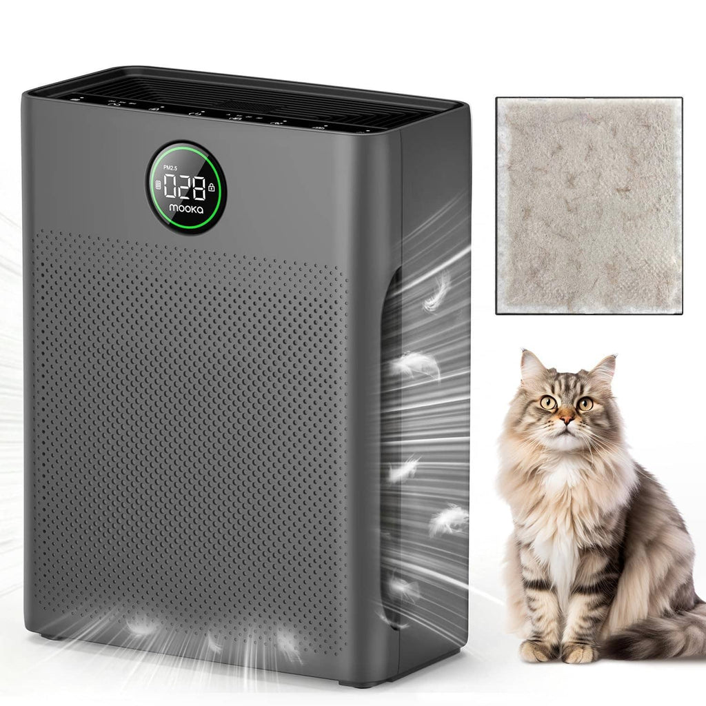 Grey MOOKA air purifier with top vent and front control display