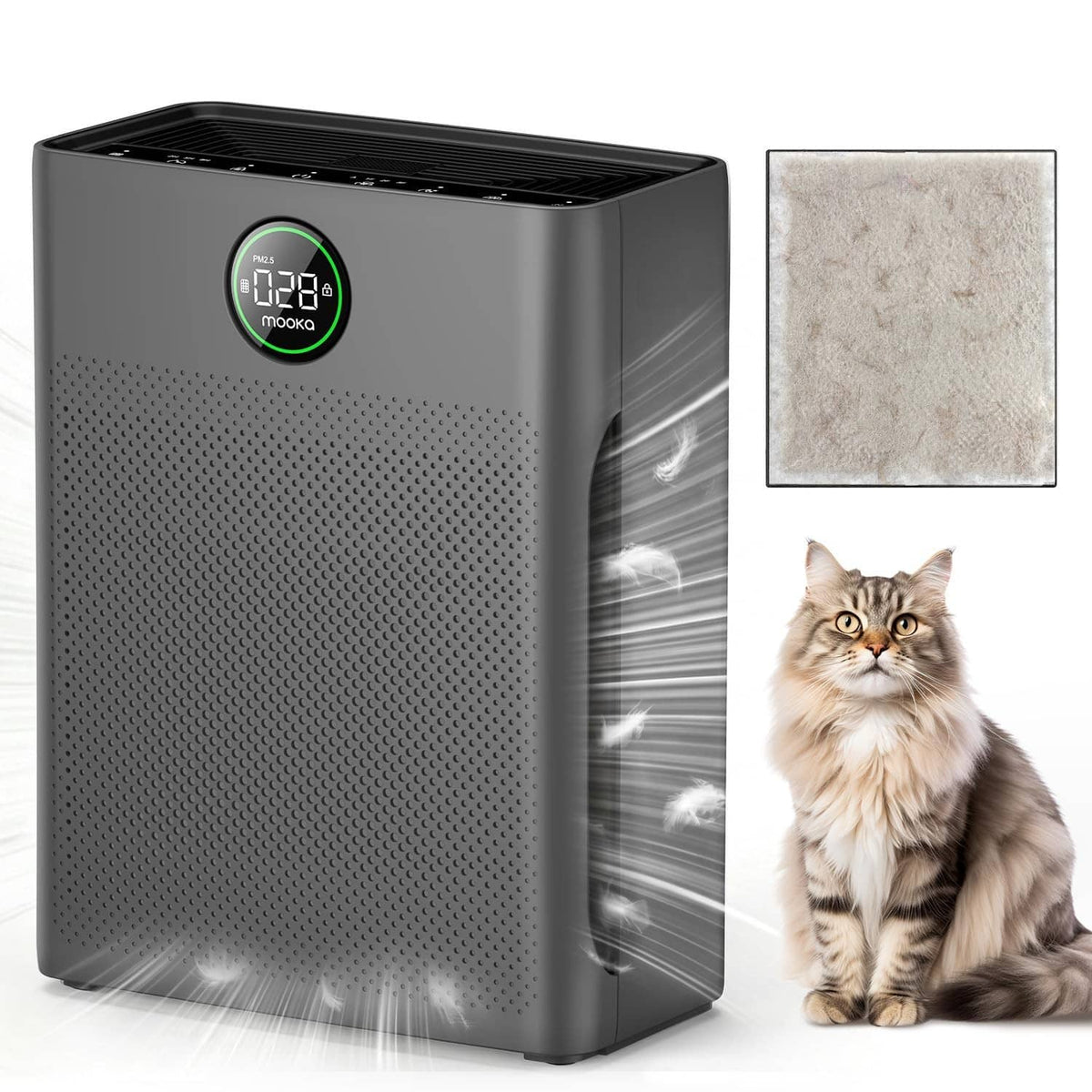 Grey MOOKA air purifier with top vent and front control display