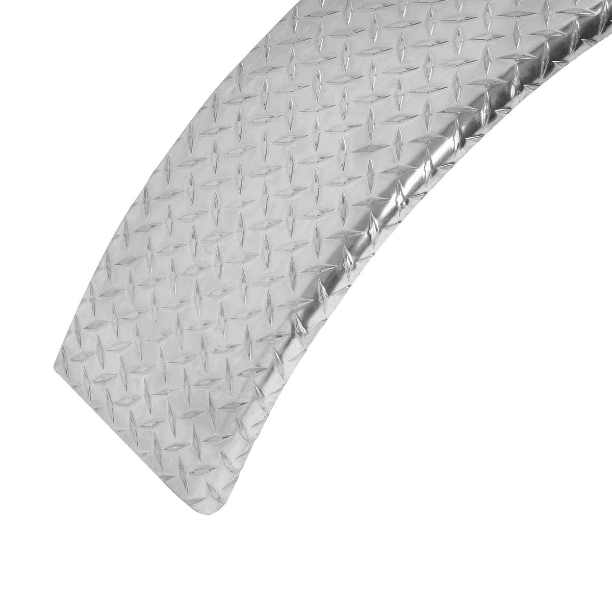 Silver diamond tread plate fender corner piece with curved edge