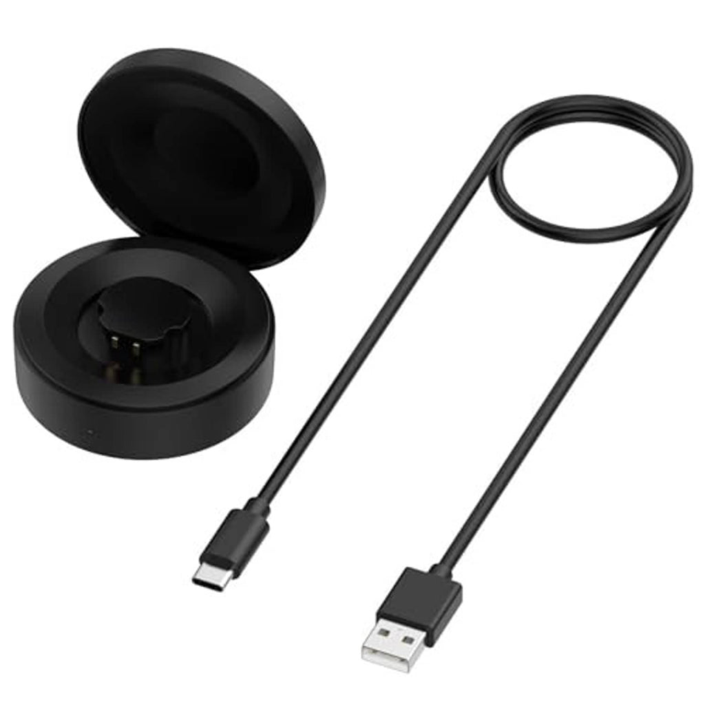 Black smart ring charging dock with open compartment and USB charging cable