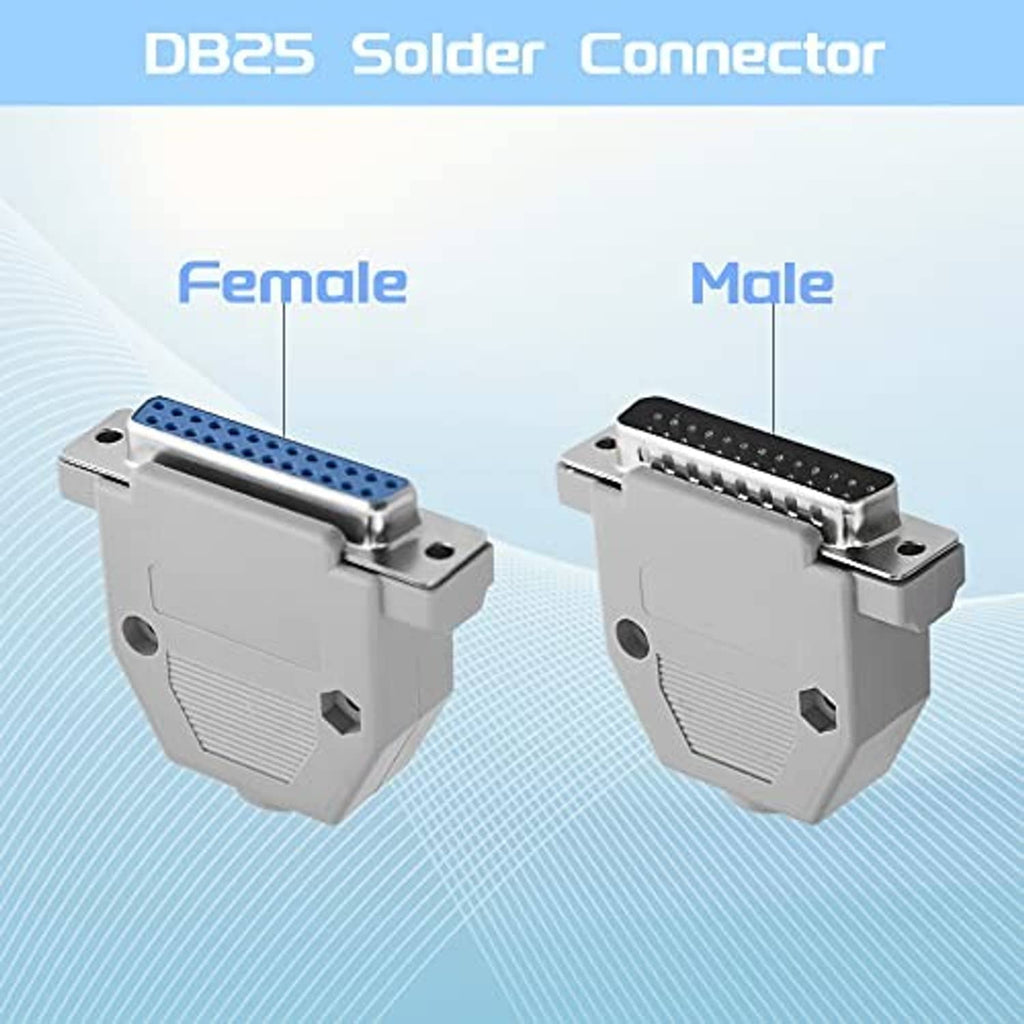 DB25 female and male solder connectors, grey bodies with blue pin openings and black pins