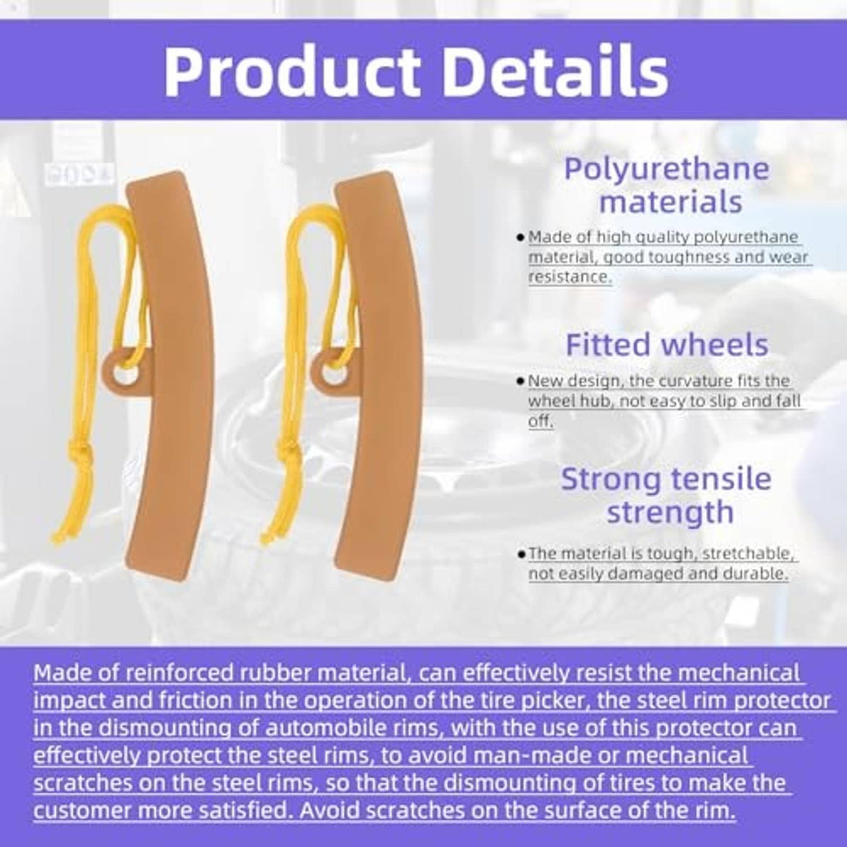 Tan rim protectors with looped yellow cords for universal tire bead clamping