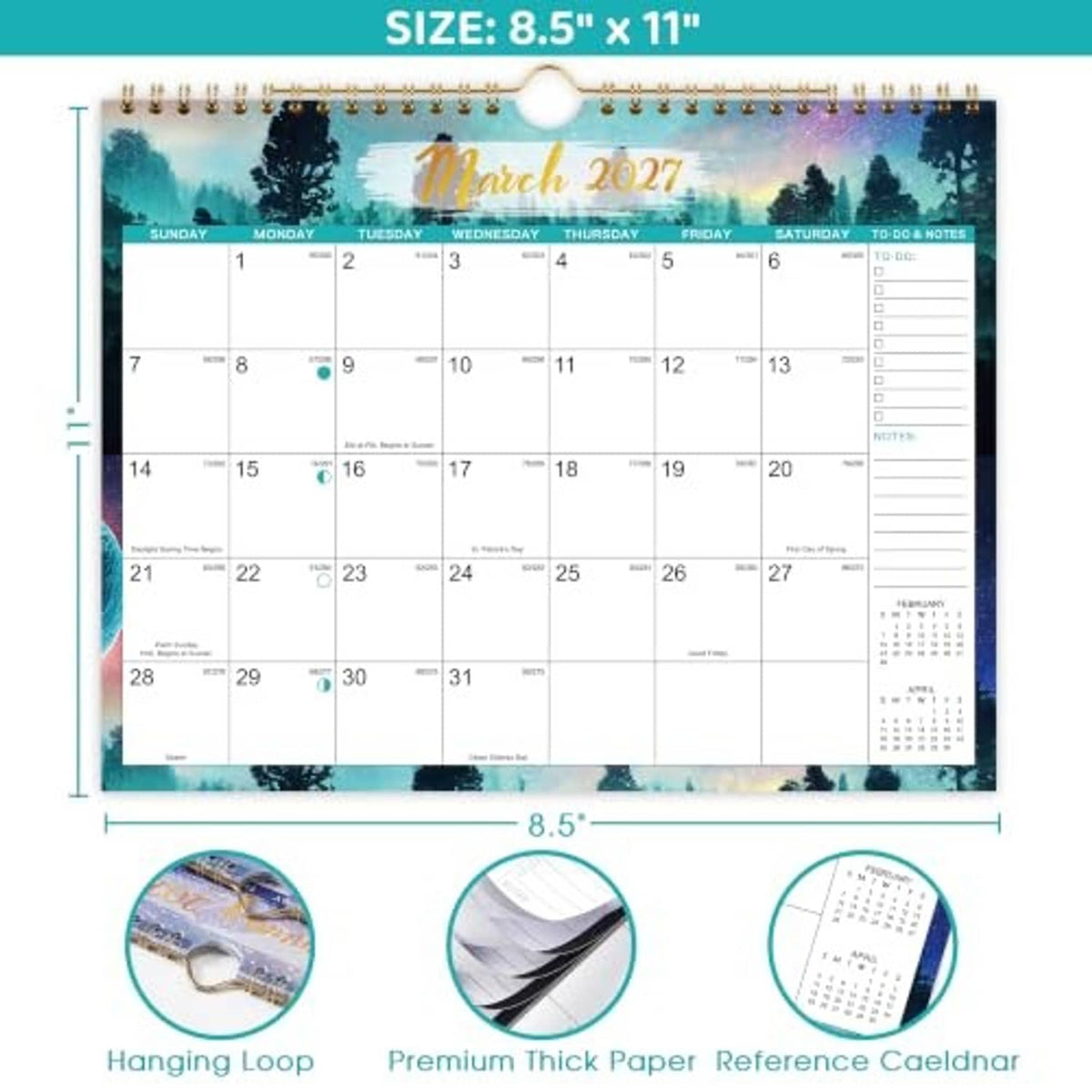 March 2027 wall calendar with spiral binding and feature callouts