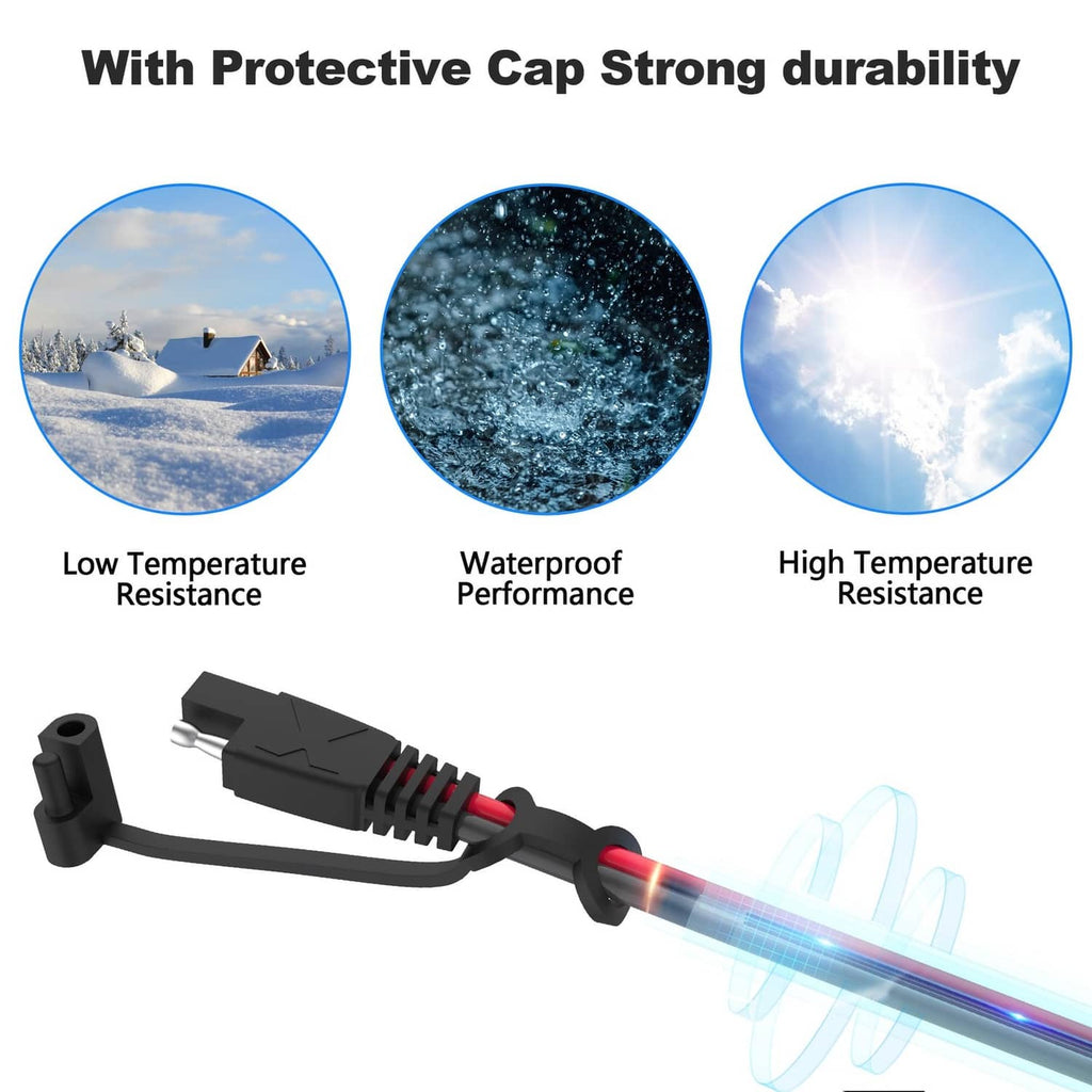 Red and black SAE extension cable with protective caps for waterproof, durable use