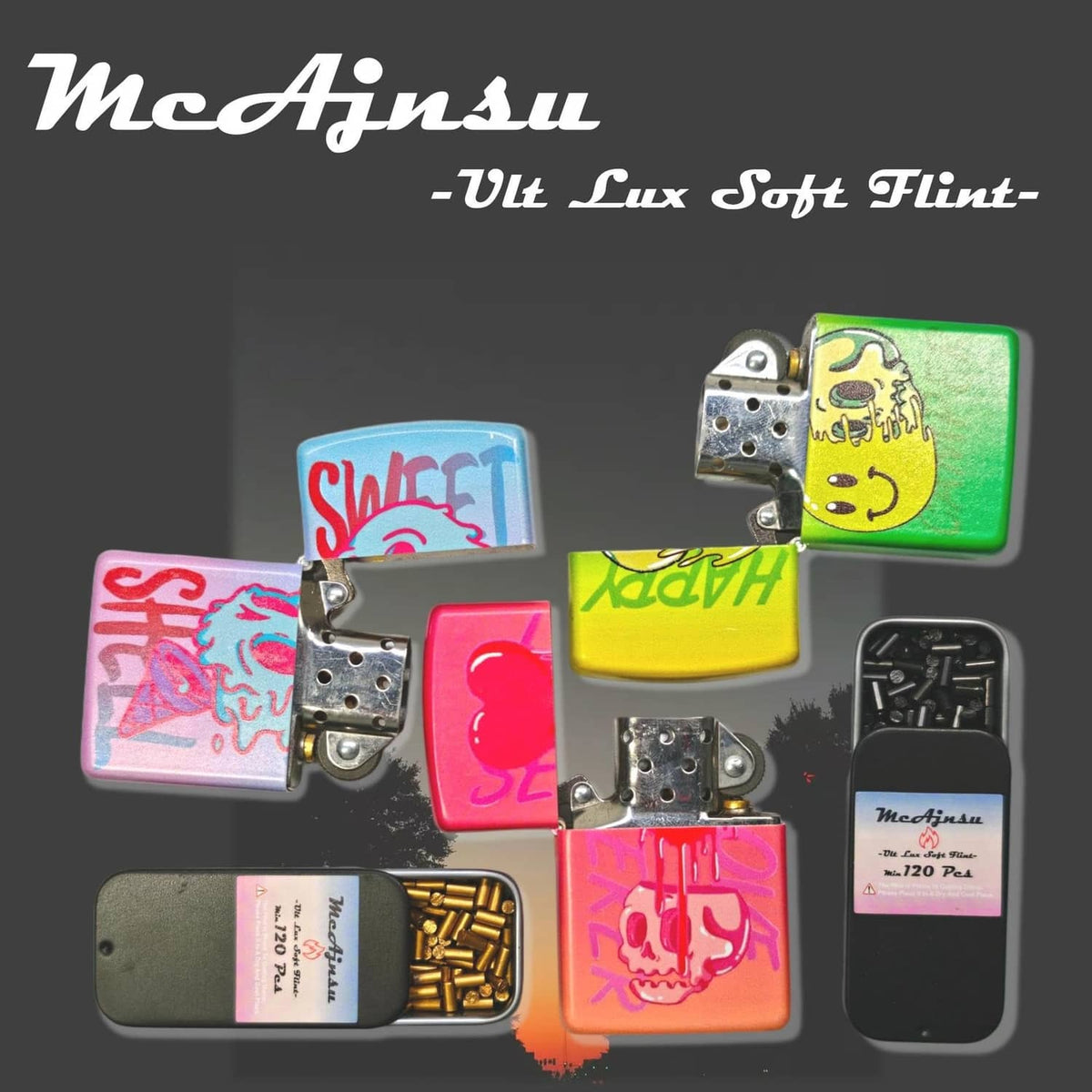Universal lighter flint refill set with assorted colored cases and loose flint pieces