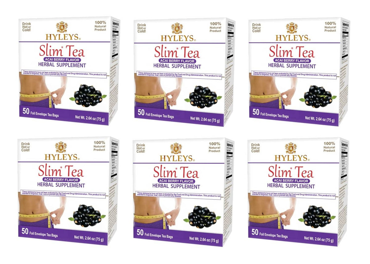 Multiple Slim Tea herbal supplement boxes with acai berry flavor label