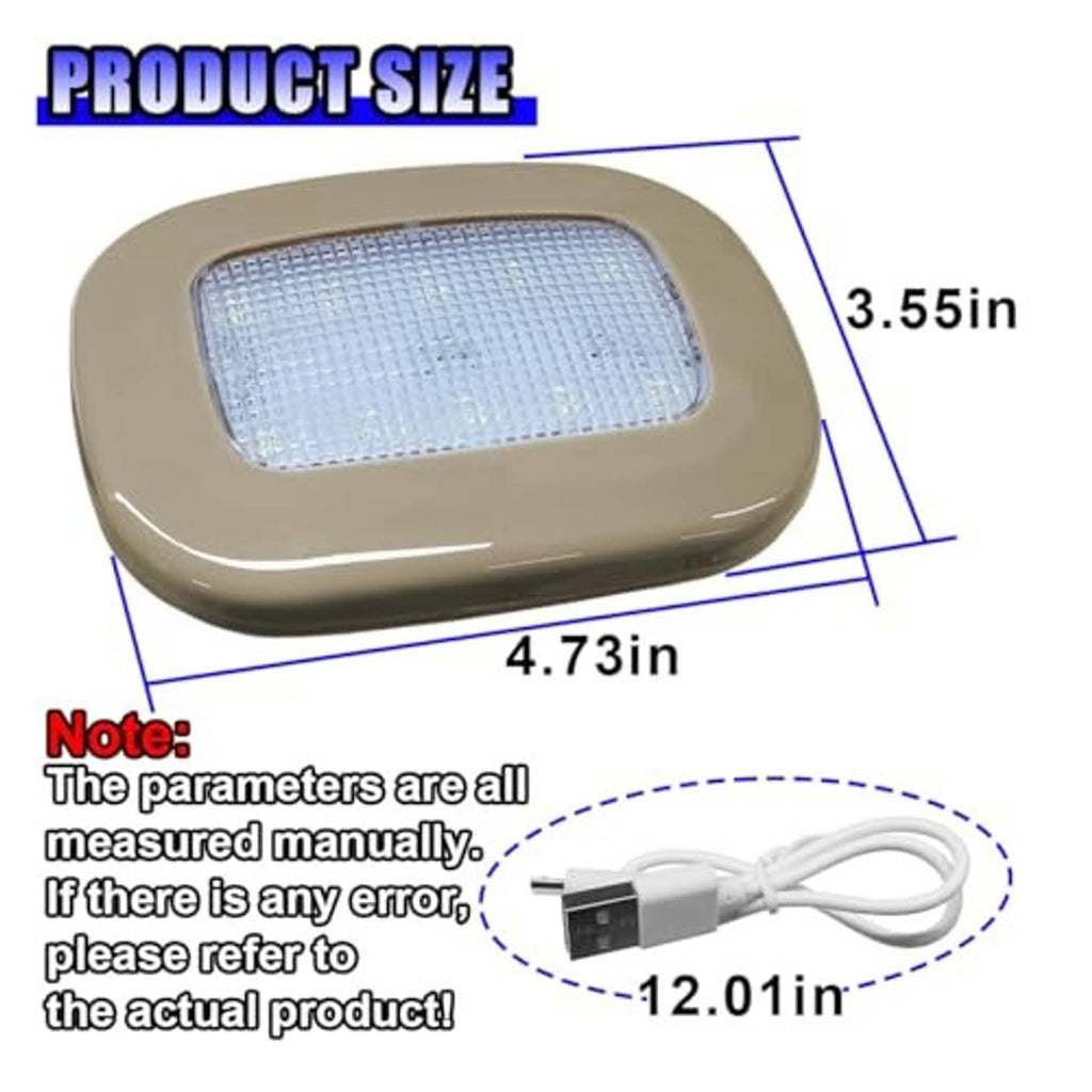 Beige dome LED light with dimension markings and white USB charging cable
