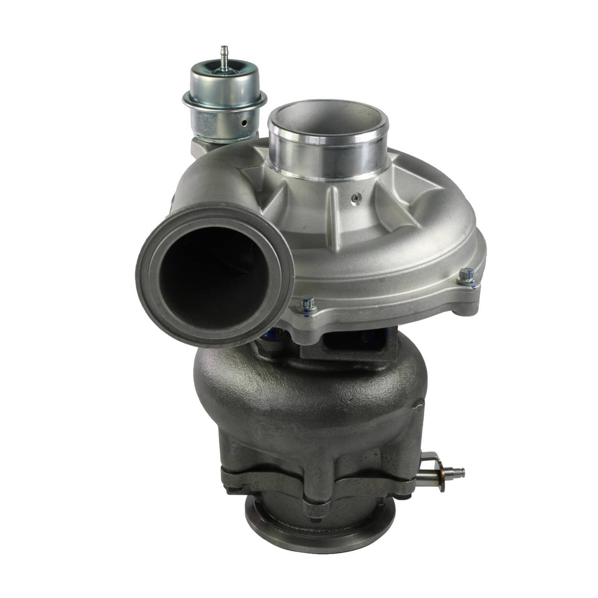 Turbocharger with metal housings, large inlet/outlet openings, and top vacuum actuator