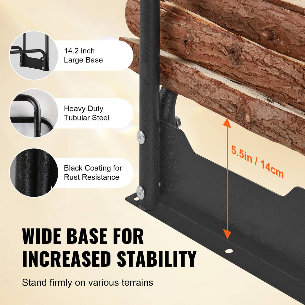 Firewood rack wide base with black tubular steel supports for added stability
