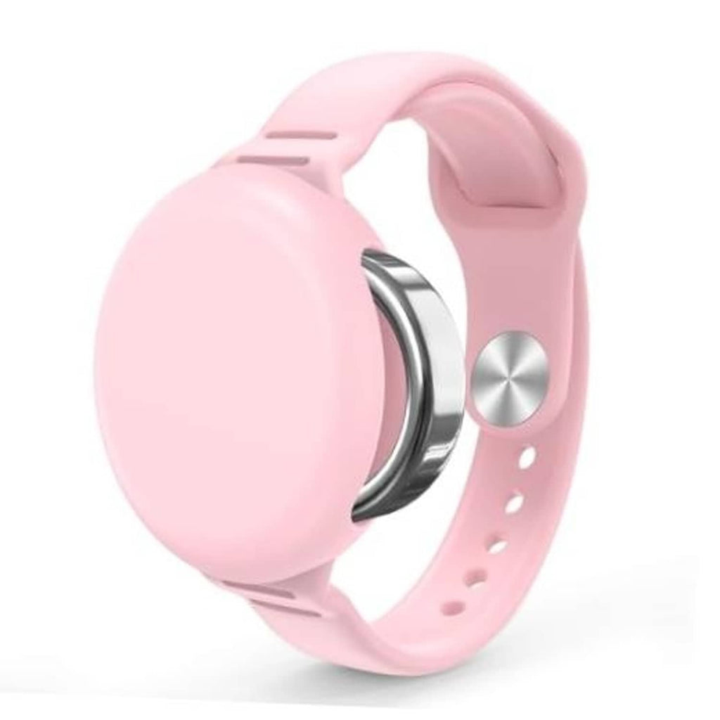 Small pink silicone wristband with stainless-style circular clasp for a smart ring