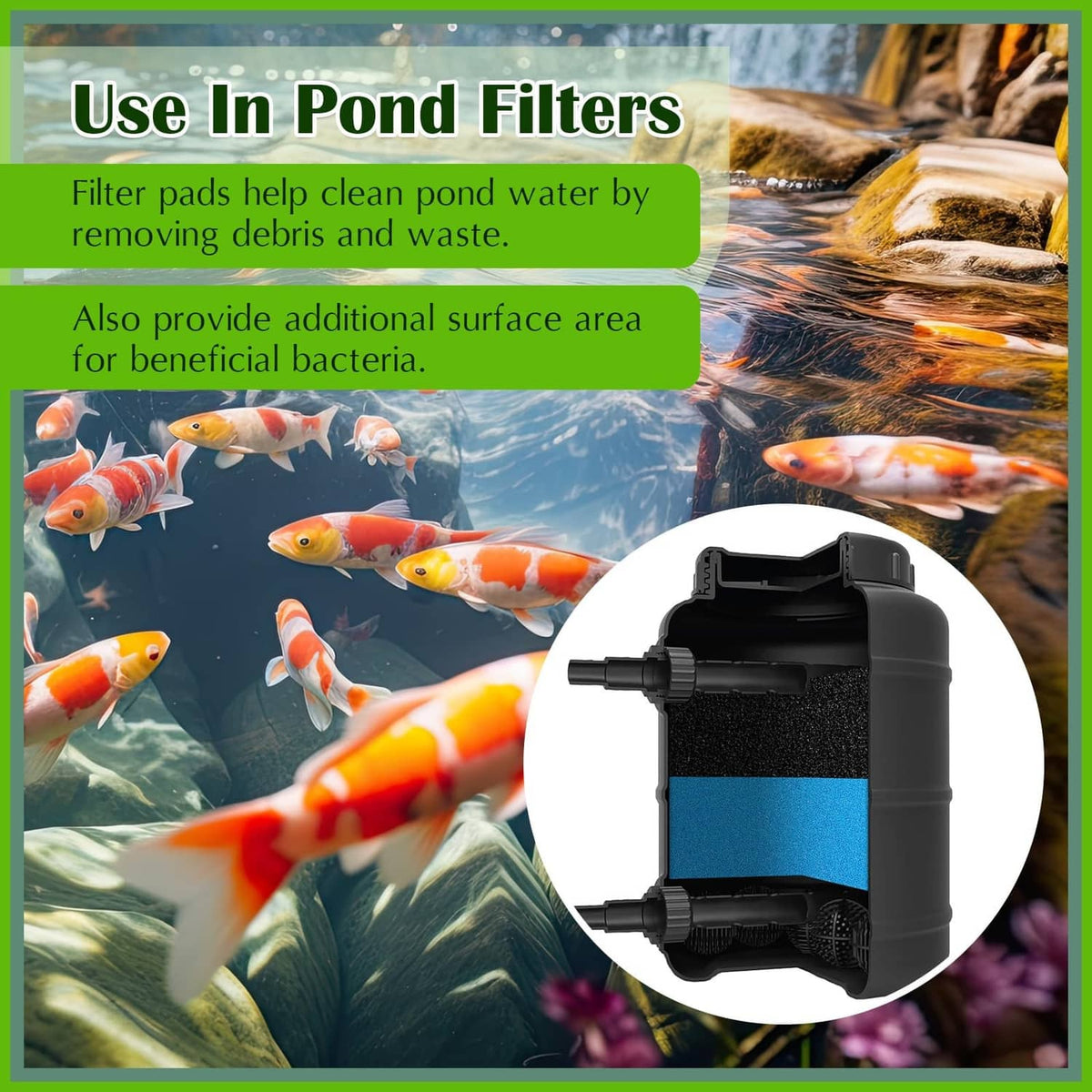 Blue pond filter pad shown inside a filter housing with black coarse pad