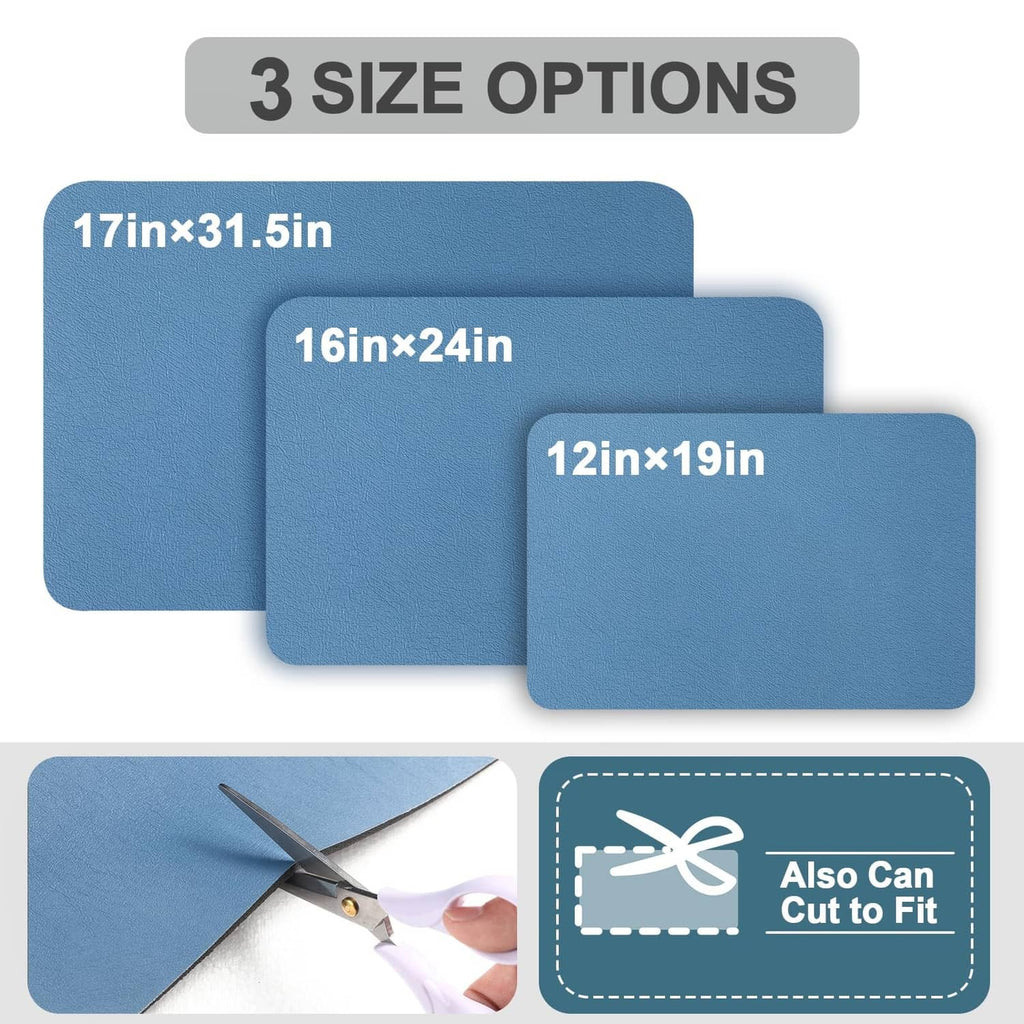 Blue coffee mat with size options and can be cut to fit, rounded corners