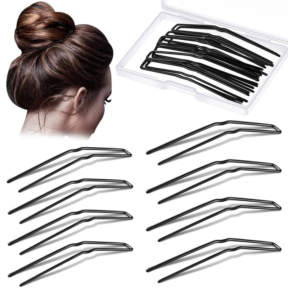 Black U-shaped hairpins for ballet buns, 2.5-inch set in plastic box and loose pins