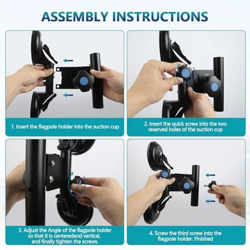 Black flag pole holder assembly with suction cups, clamp arm, and screw parts