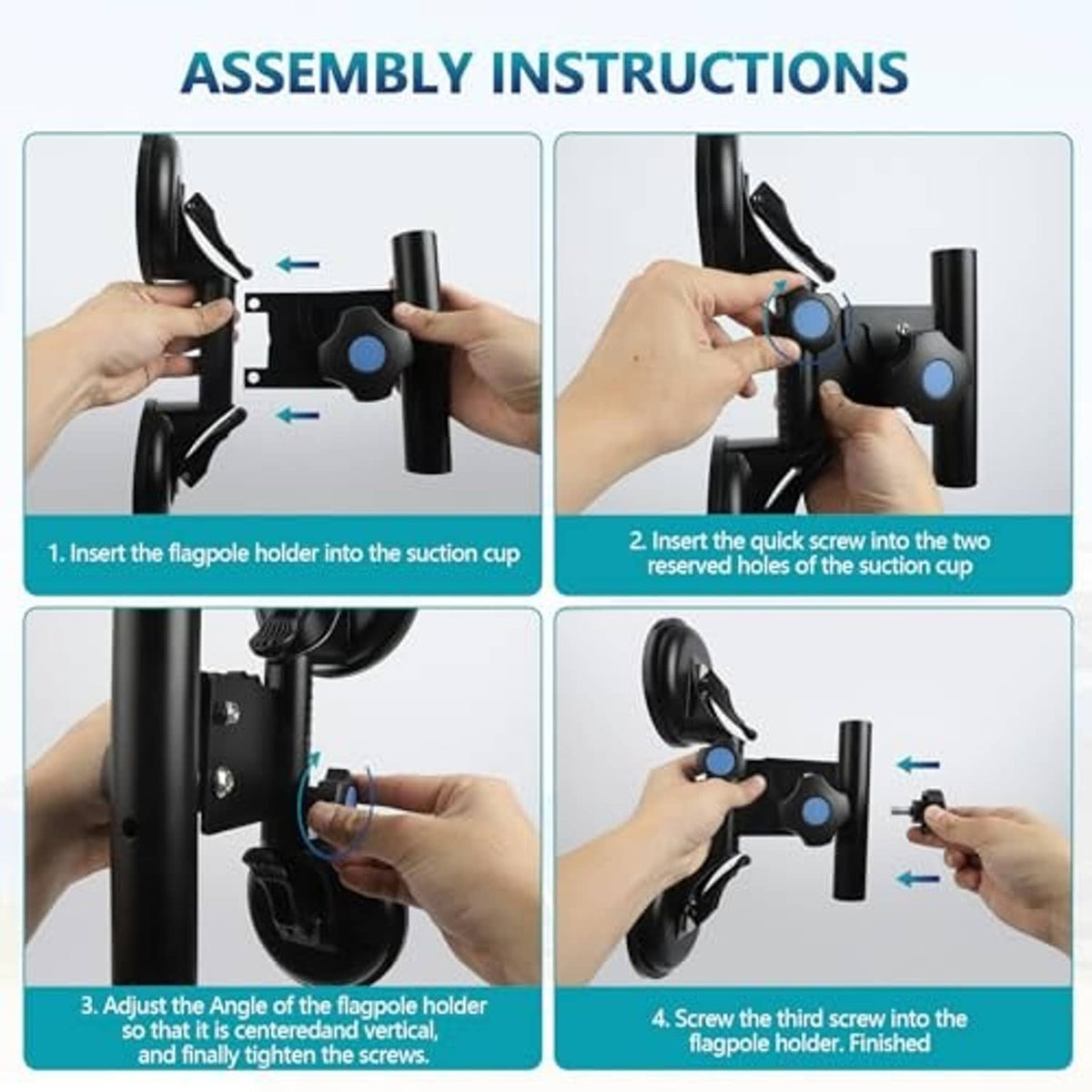 Black flag pole holder assembly with suction cups, clamp arm, and screw parts