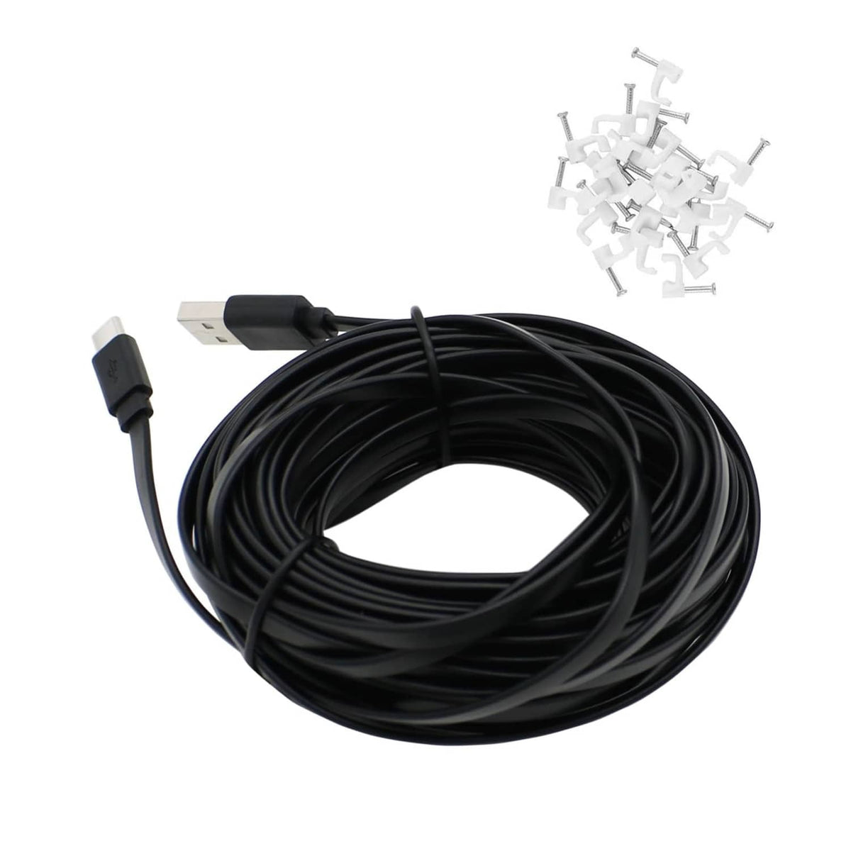 Coiled black USB-A to USB-C cable with open USB-A plug end and USB-C connector