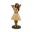 Mini hula girl dashboard doll figurine with hands on head, grass skirt, floral hair