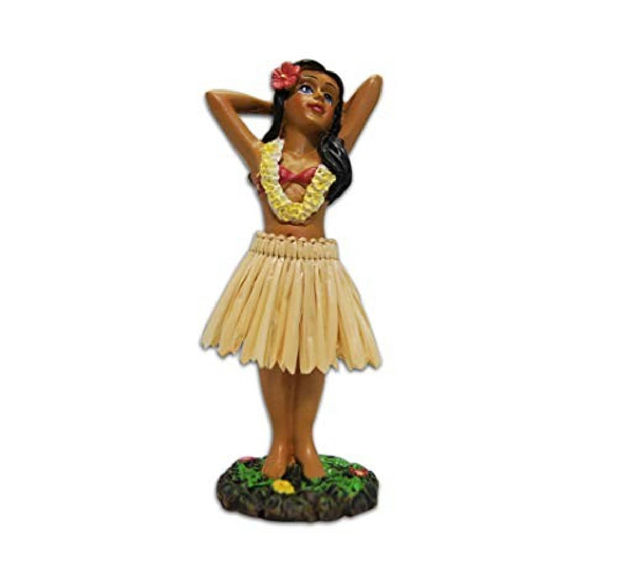 Mini hula girl dashboard doll figurine with hands on head, grass skirt, floral hair