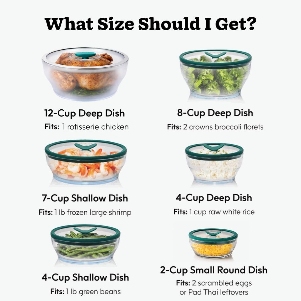 Various clear glass food storage dishes with dark green silicone lids, multiple sizes