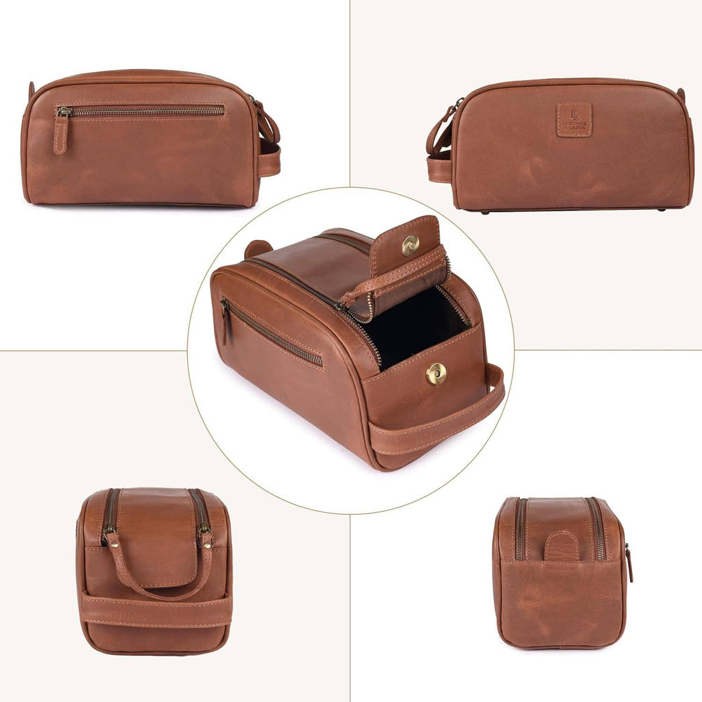 Set of views of brown leather toiletry bag with handle and zip compartments
