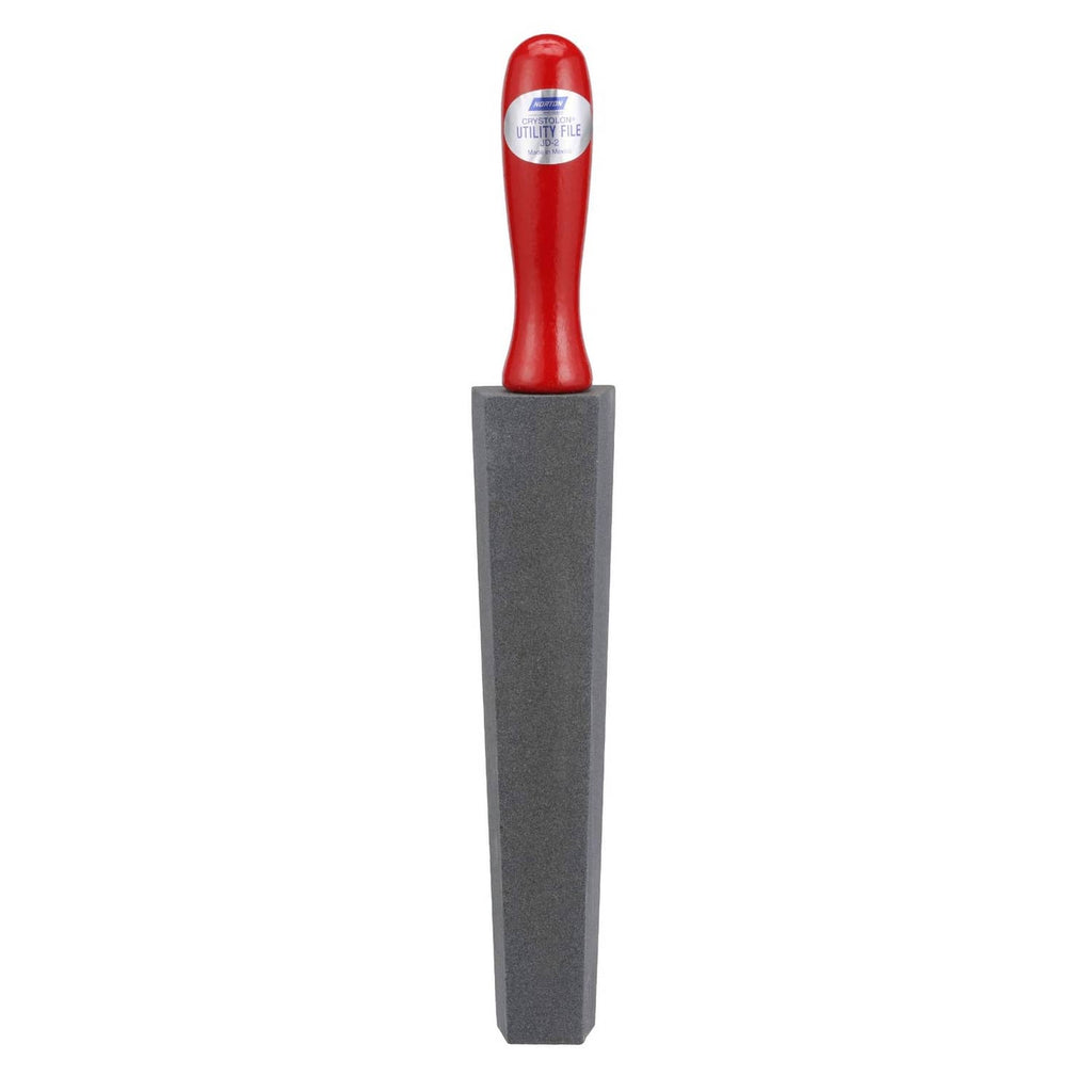 Silicon carbide utility file with red handle and rectangular gray abrasive surface