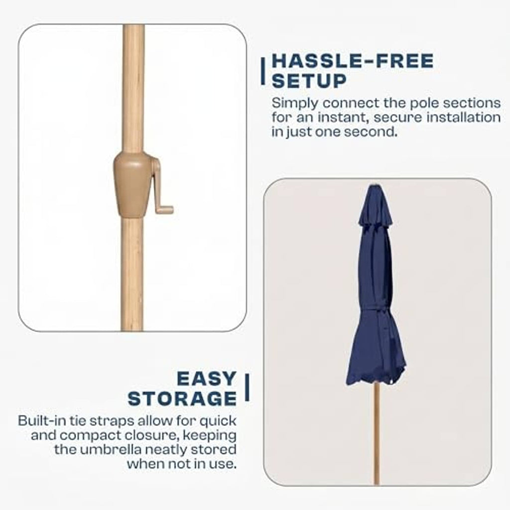 Umbrella pole with easy setup and navy storage cover for compact, tie-secured storage