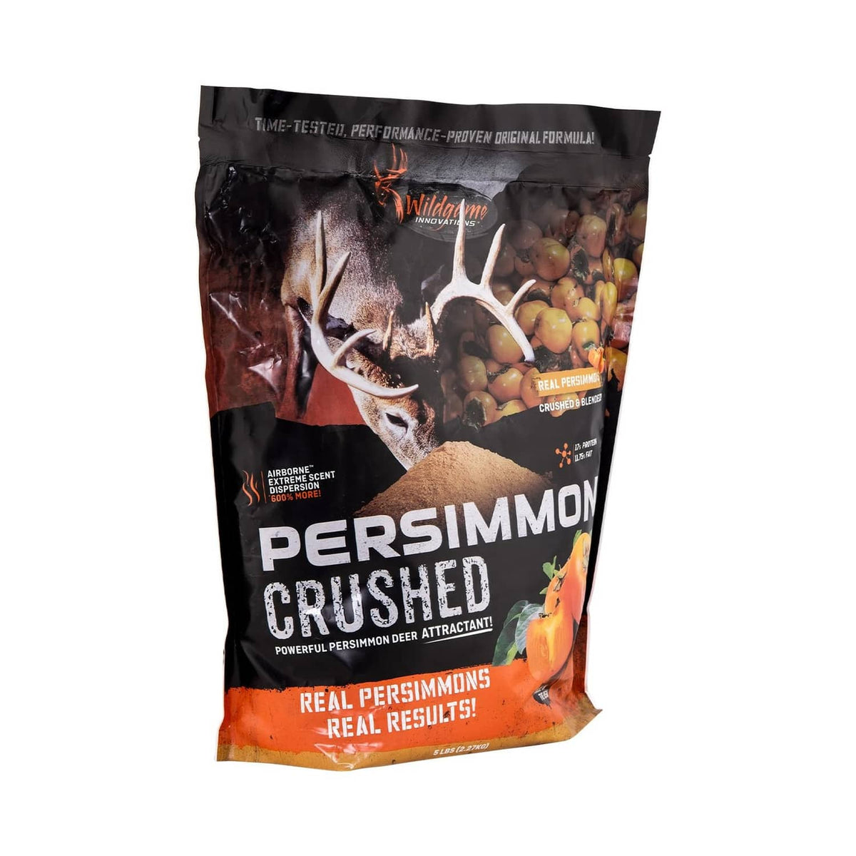 Crushed persimmon deer attractant pouch with black-orange graphics and persimmon fruit art
