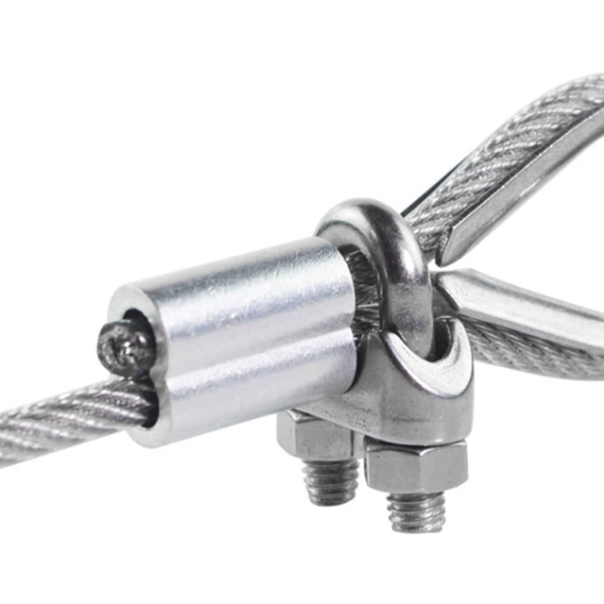 Close-up: silver aluminum crimp loop ferrule securing twisted wire rope cable