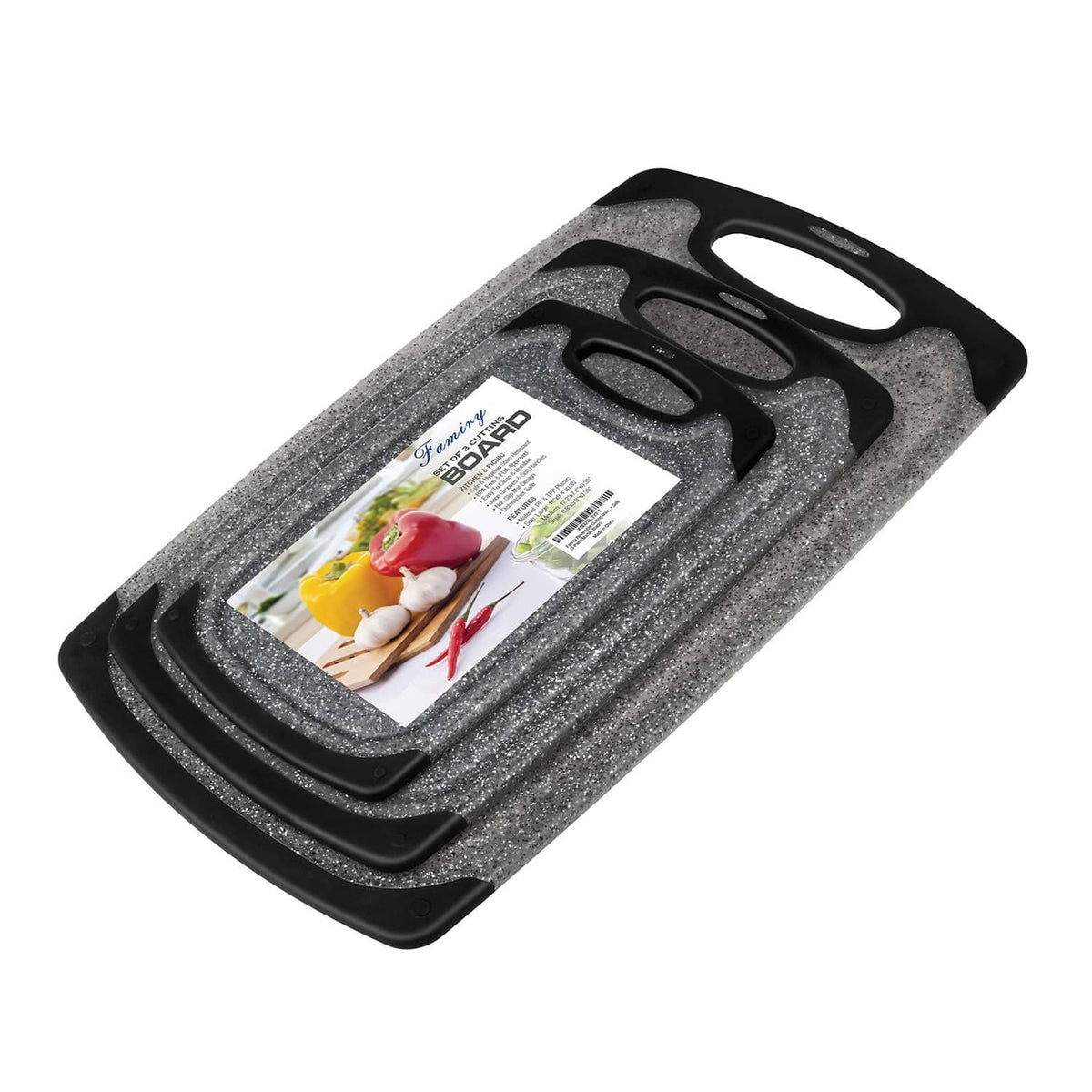 Reversible set of 3 cutting boards with gray speckled surfaces and black handles