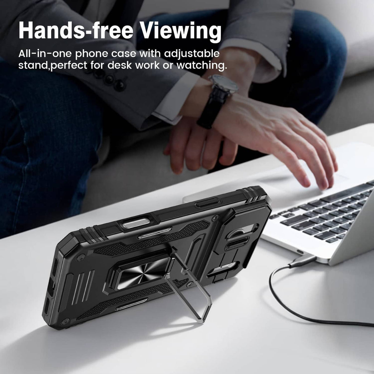 Black rugged phone case with foldable kickstand for hands-free desk or watch viewing