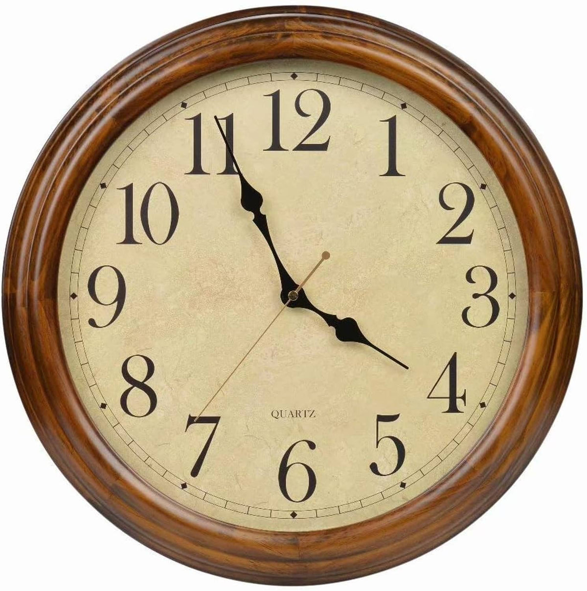 Wood wall clock face with cream dial, large Arabic numerals and black clock hands