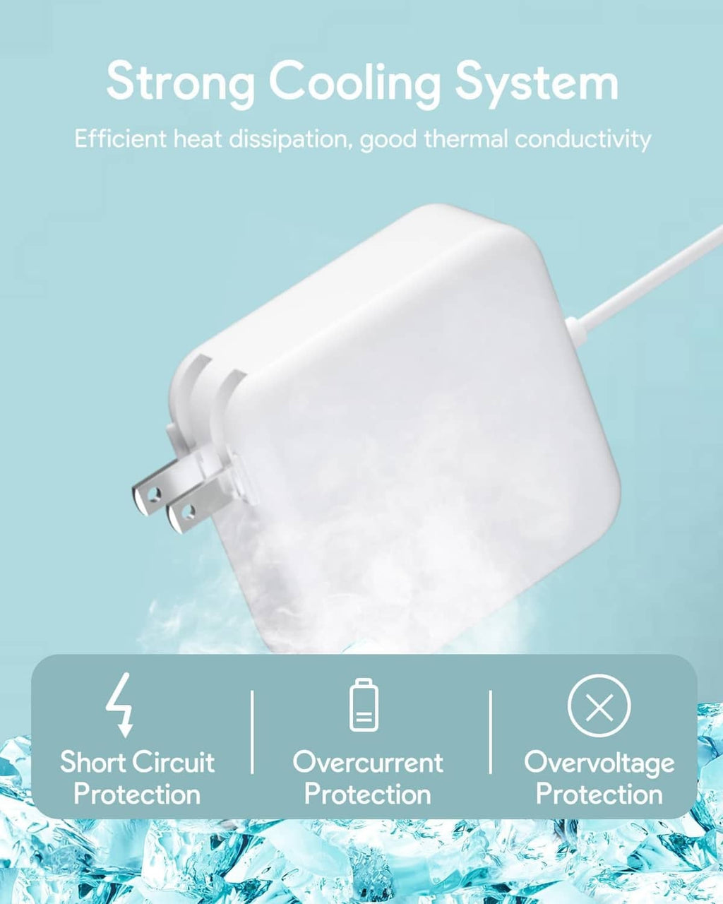 White AC MacBook charger with two-prong plug and compact power housing