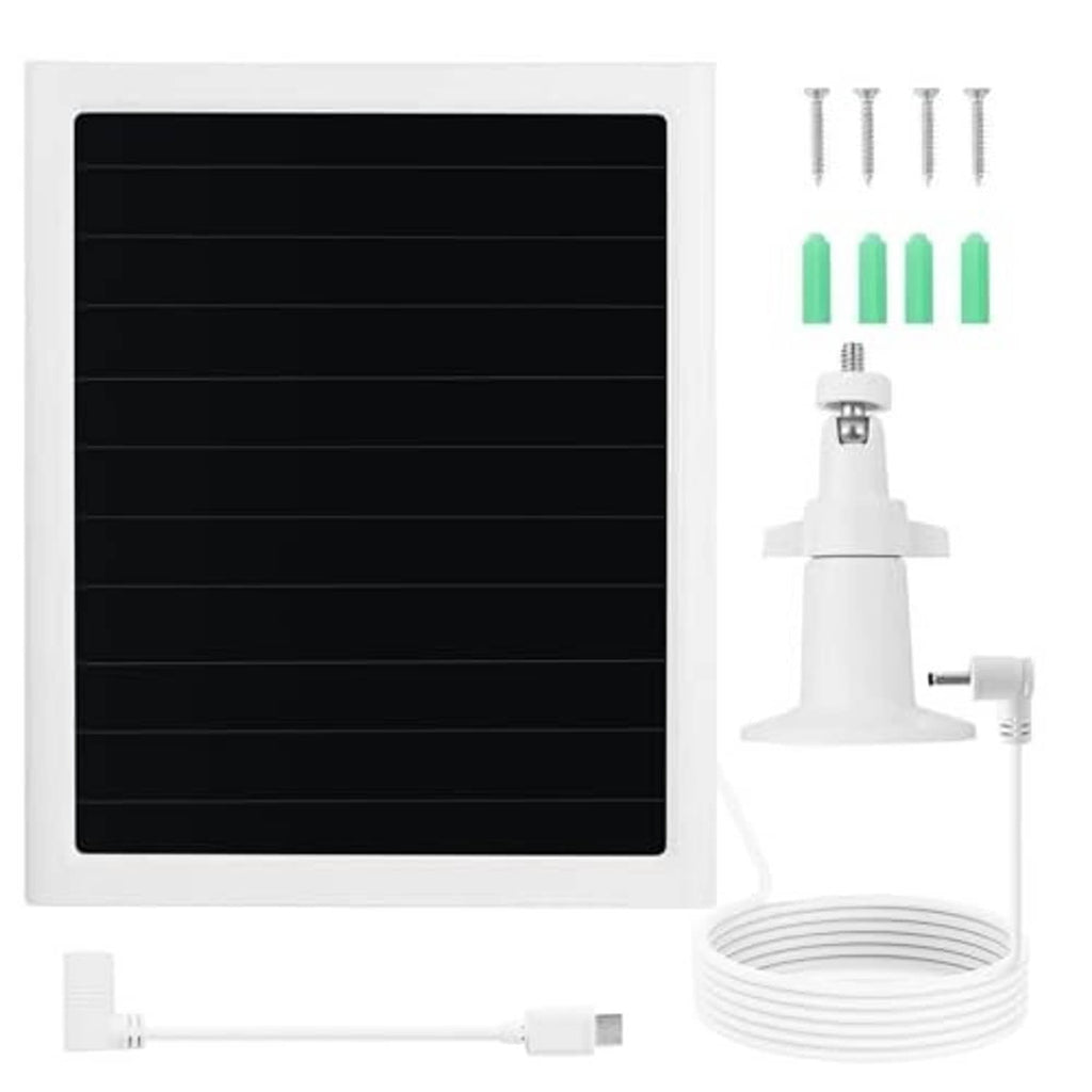 White solar panel charging kit with mounting base, screws, cable, and clips