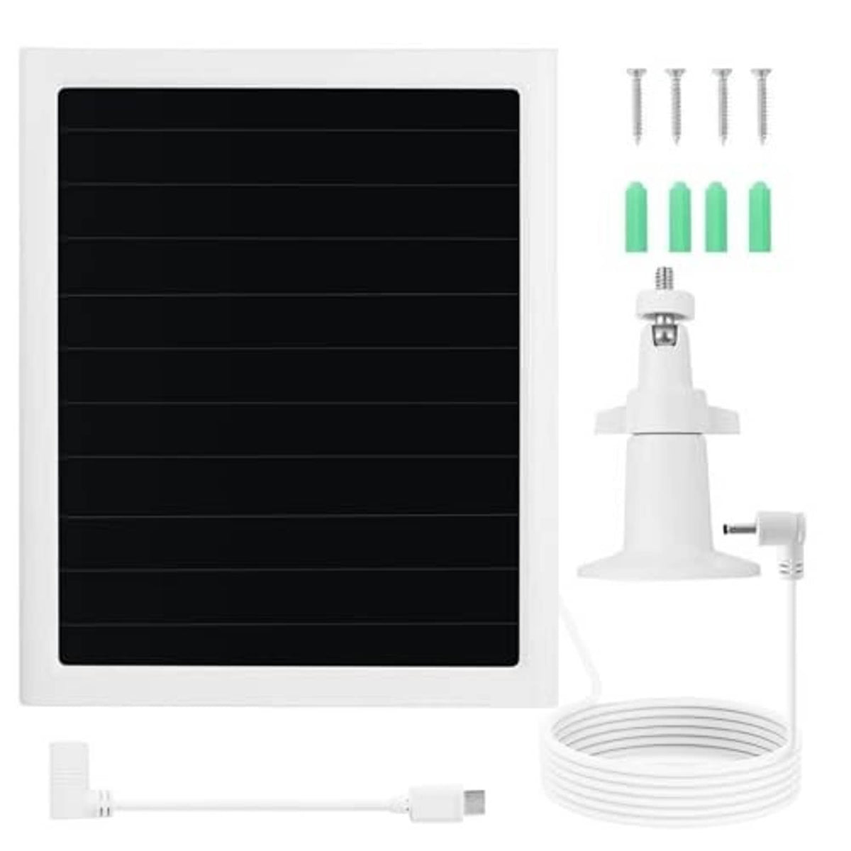 White solar panel charging kit with mounting base, screws, cable, and clips