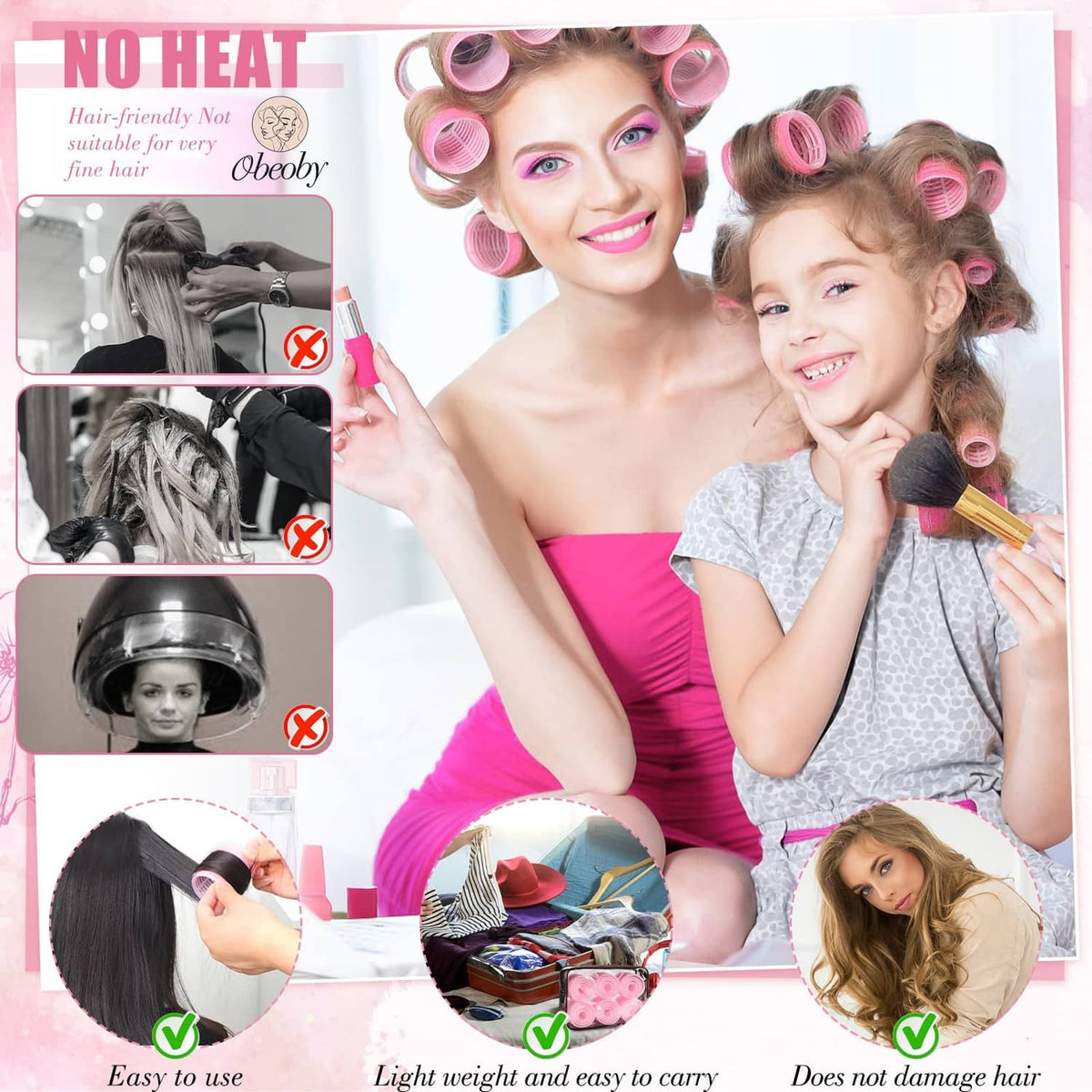 Pink self-grip hair rollers set in box with carry storage and clips