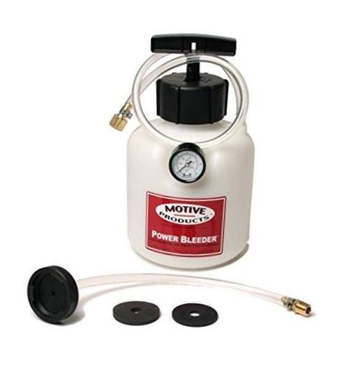 Brake power bleeder pump with pressure gauge, hoses, fittings, and caps