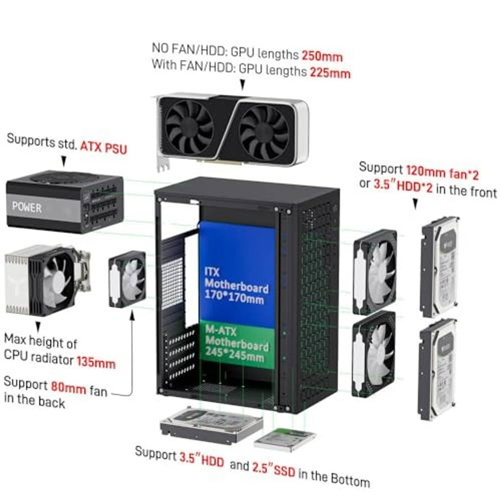 Black mini ITX/M-ATX PC case with open frame, vented panels, and included fan parts