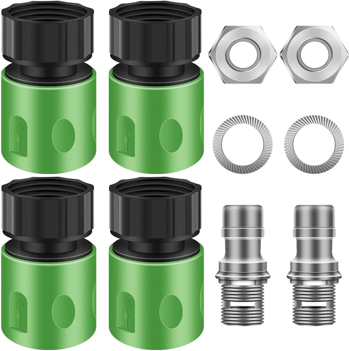 Lawn mower deck wash kit: green bottle, black adapter, hex nuts, wire brushes