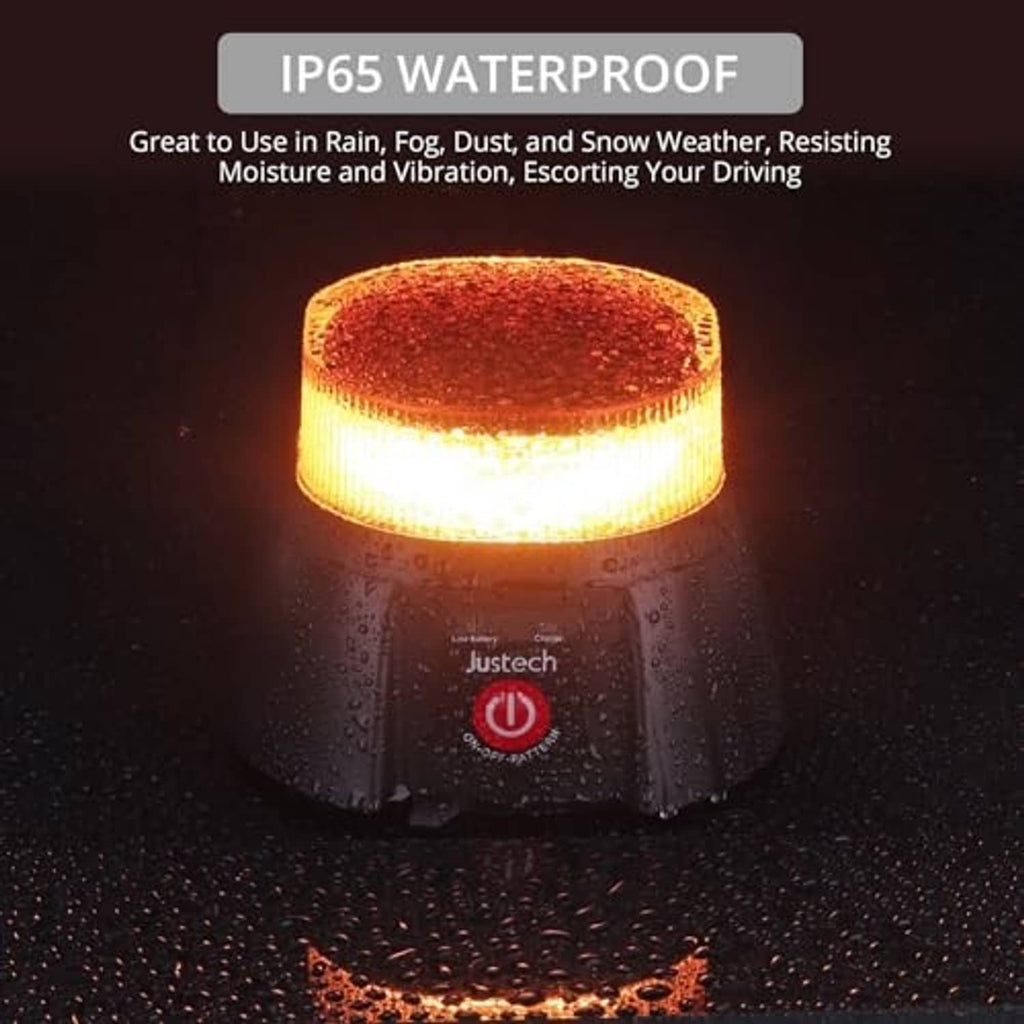 Illuminated amber waterproof warning beacon light with black base, rain-splash detail